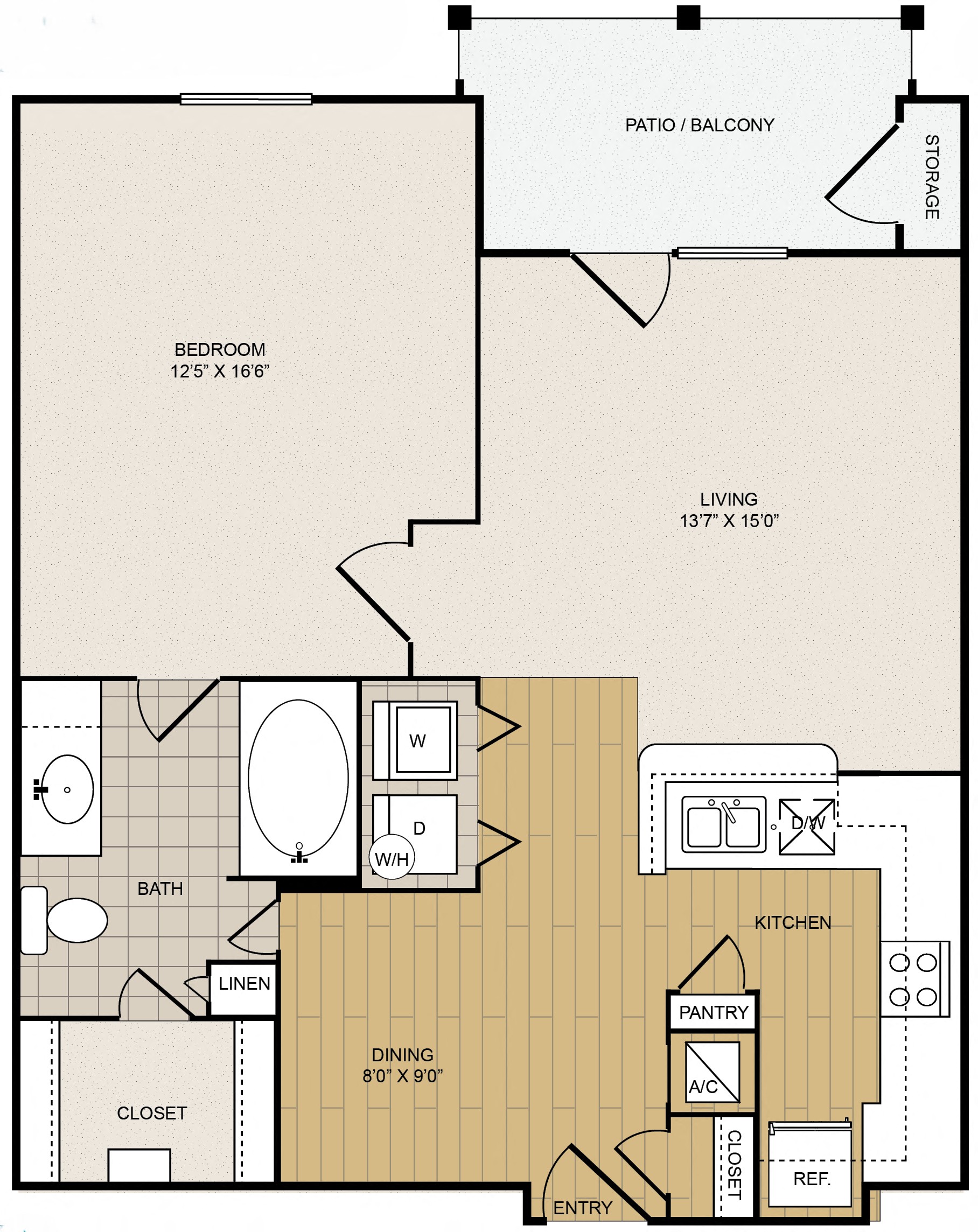 Floor plan for 1 bed, 1 bath, 788 sqft